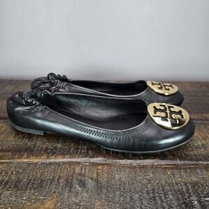 NEW Tory Burch Reva Womens Size 7 M Big Logo Slip On Travel Ballet Flats Black
